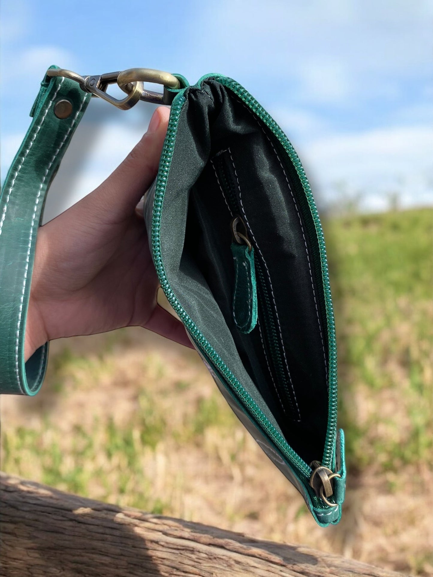 Emerald Boot-Stitch III Tooled Rustic Leather Wristlet