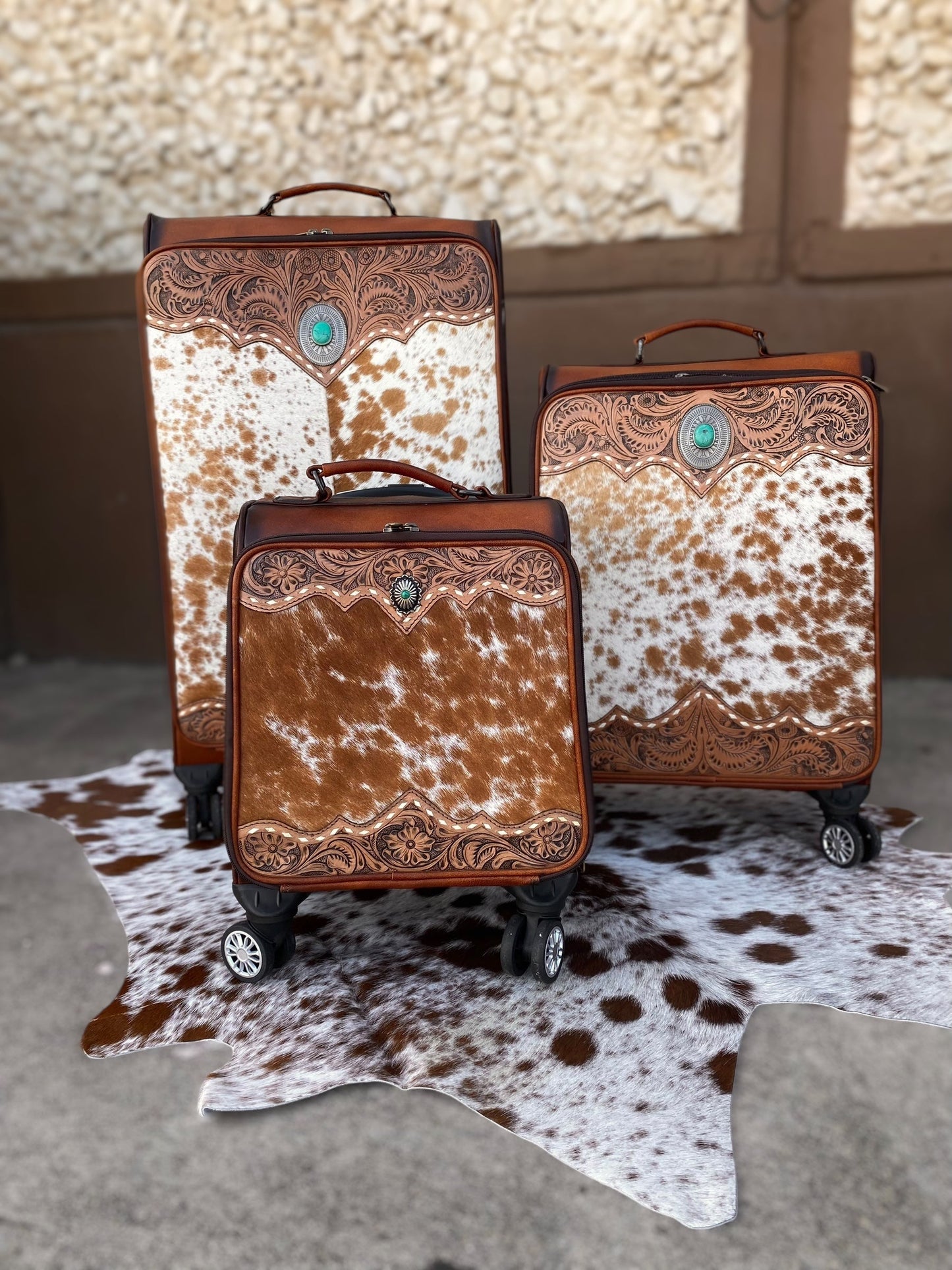 Medium Burn Leather Rolling Cowhide Suitcase Carry Luggage