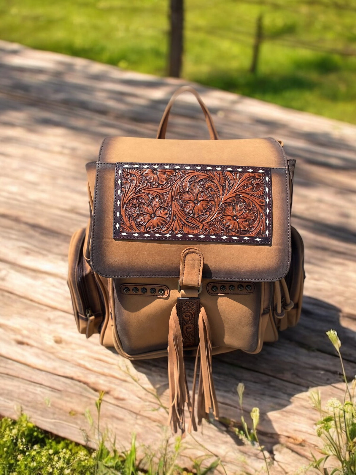 Burn & Tooled Leather Fringe Backpack