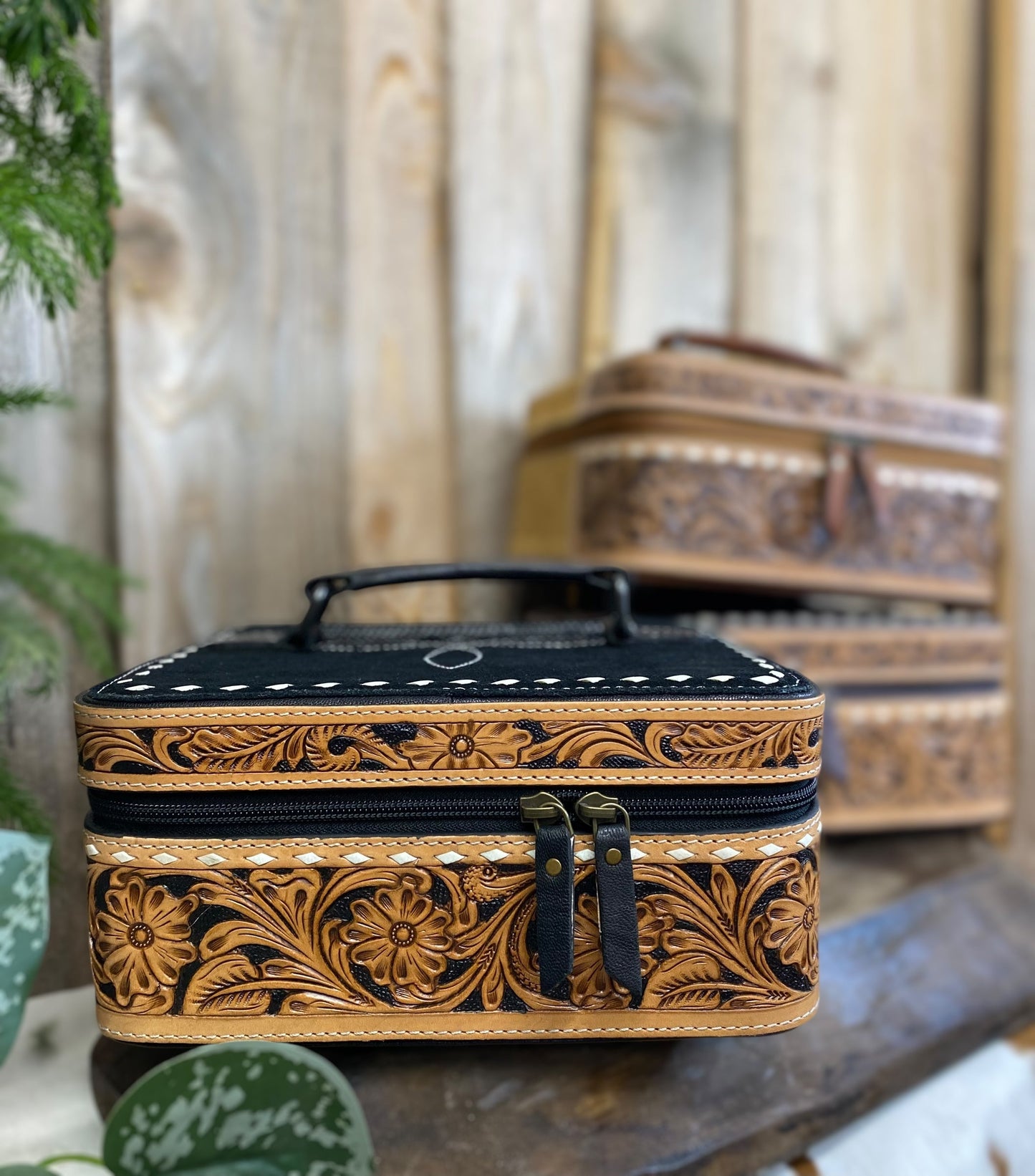Black BootStitch Suede Leather Leather & Tooled Jewelry Box