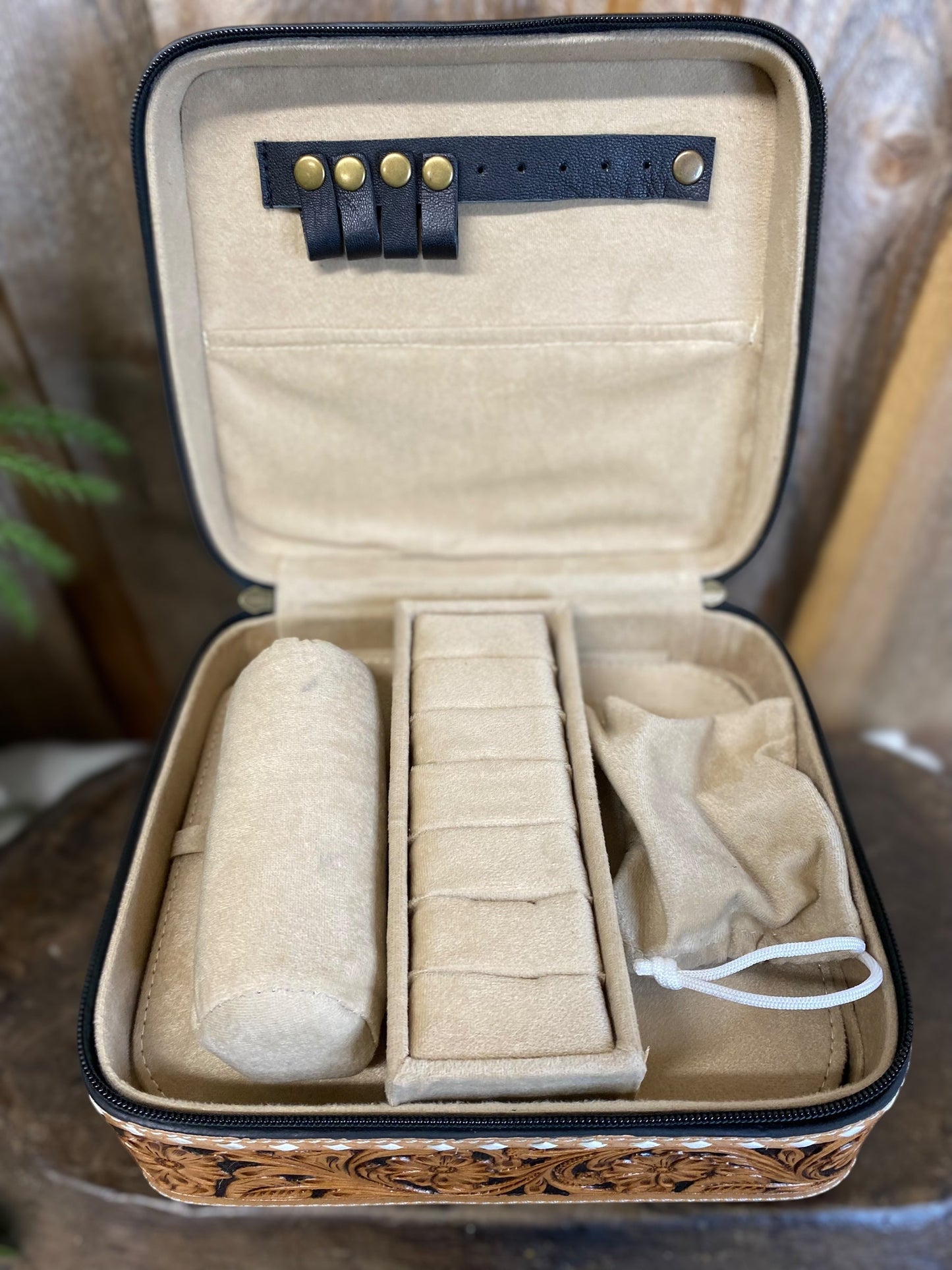 Black BootStitch Suede Leather Leather & Tooled Jewelry Box