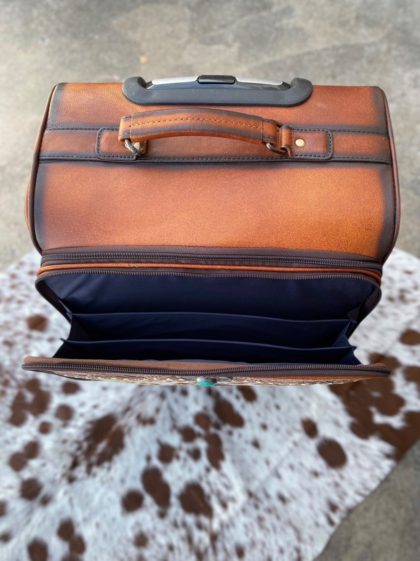 Medium Burn Leather Rolling Cowhide Suitcase Carry Luggage