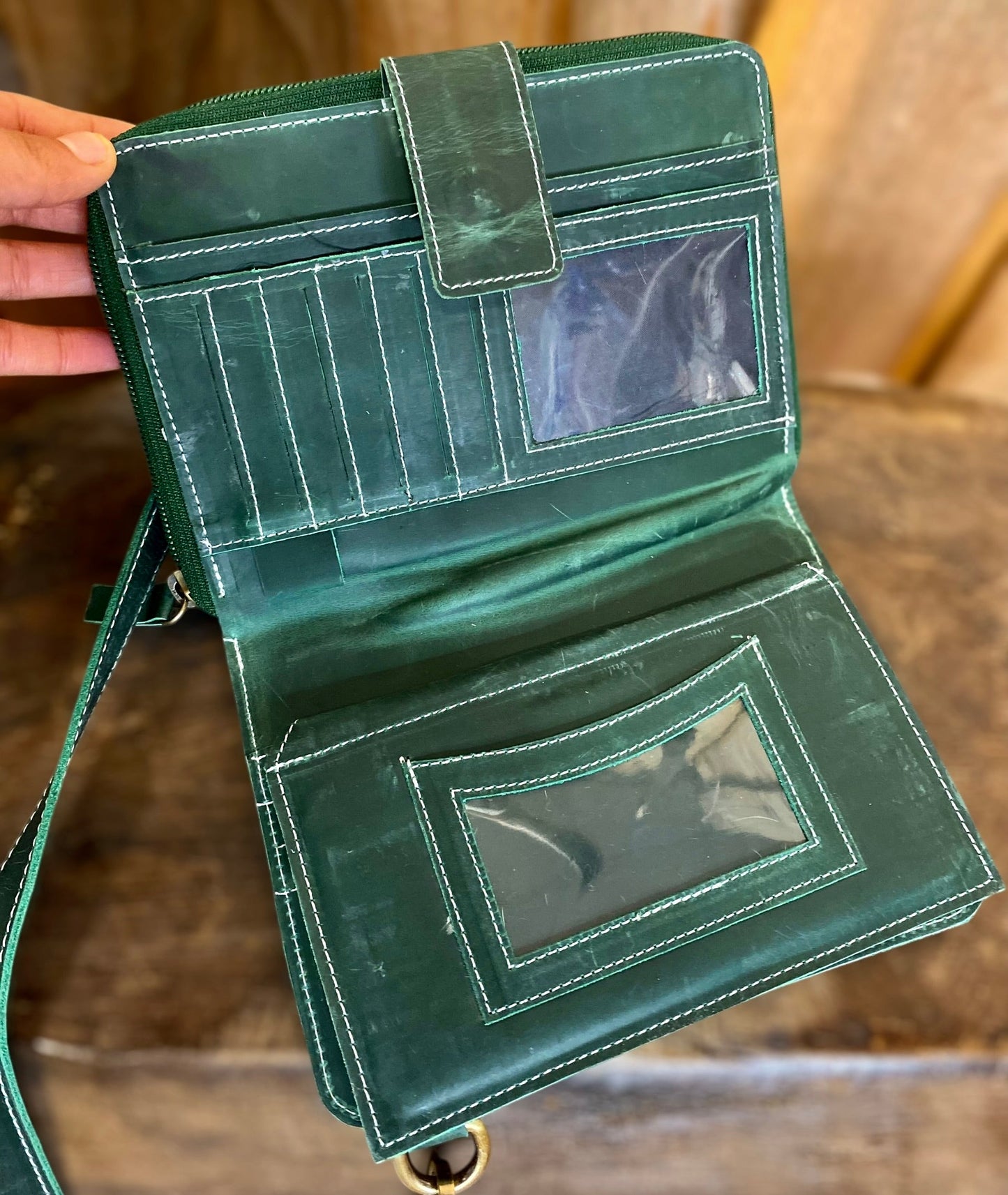Emerald Bluebell Rustic Leather Clutch Crossbody