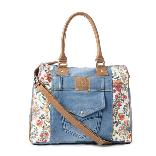 Myra Crimson Glade Floral Canvas Tote Bag - Dual Handle Leather Strap Upcycled Denim Bag for Fun Outings