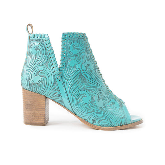 Myra Persimmonee Embossed Leather Heels for Women – Open Toe, Mid Block Heel, Western Cowgirl Fashion for Rodeo Evenings