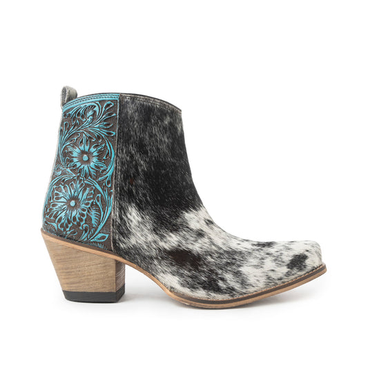 Myra Reyna Ridge Hairon Leather Booties Teal Handtooled Detail, Square Toe, Country Cowgirl Style