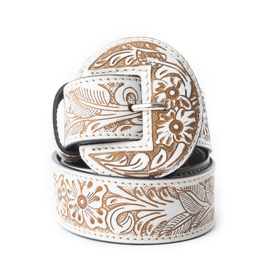 Myra Talon High Ivory Tooled Leather Belt for Women - Statement Rodeo Buckle with Western Embossed Floral Design