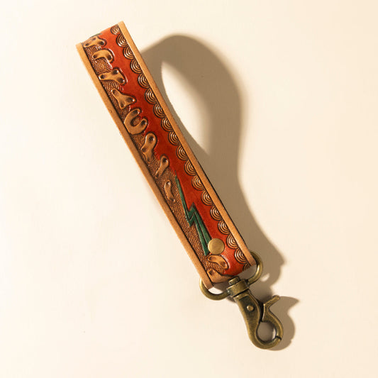 Myra Canyon Pass Handtooled Leather Key Fob in Amber