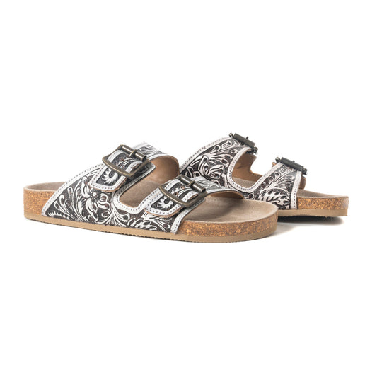 Mesa Scroll Handtooled Sandals in Brown & White