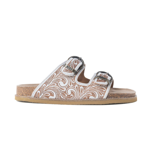 Myra Marlowe Western Handtooled Leather Sandals in Ivory Bloom