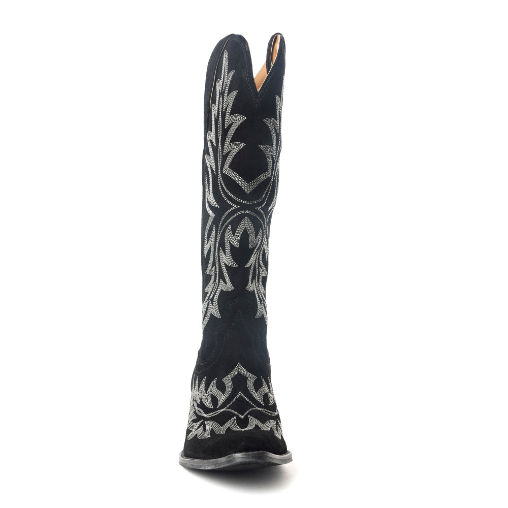 Midnight Trail Embroidered Leather Boots in Shadow Black