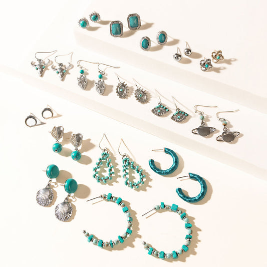 Myra Turquoise Trails & Silver Tales Set of 16 Earrings