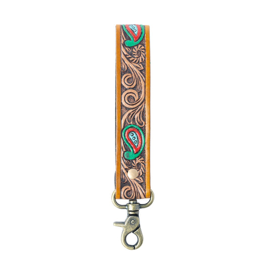 Myra Emerald Ember Handtooled Leather Keyfob in Desert Green