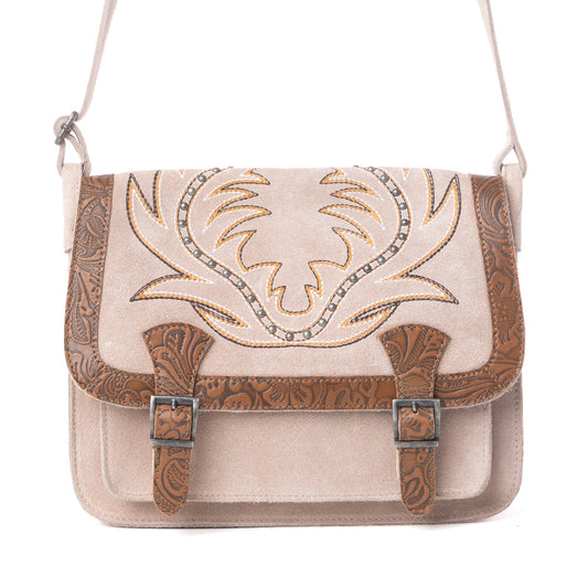 Myra Amberwood Suede Leather Boot Embroidered Leather Bag in Amber