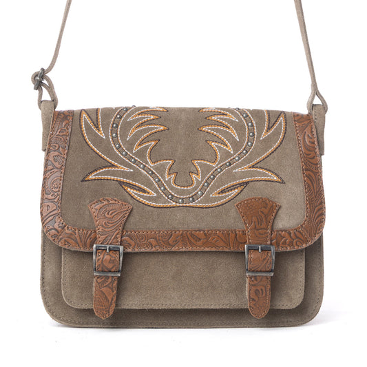 Myra Amberwood Suede Leather Boot Embroidered Bag in Olive Taupe