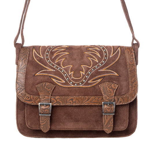 Myra Amberwood Suede Leather Boot Embroidered Leather Bag in Chestnut Brown