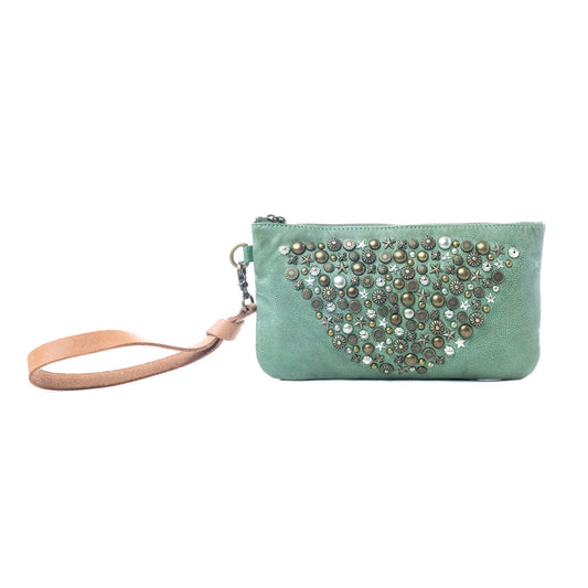 Myra Empire Green Studded Wash Leather Pouch in Desert Olive
