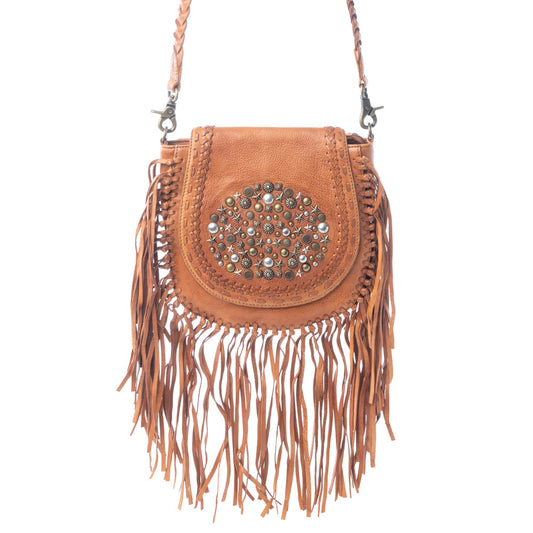 Myra Festival Ember Studded Leather Bag with Fringes in Western Clay