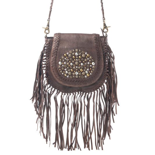 Myra Luna Belle Studded Leather Bag with Fringes in Maverick Mocha