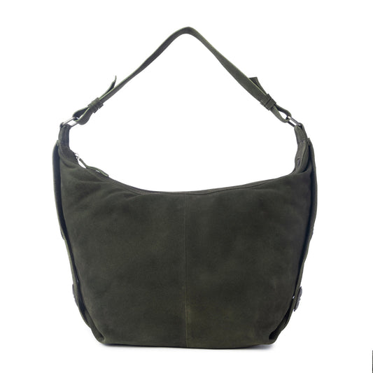 Myra Hunter’s Grove Suede Leather Shoulder Bag in Ranch Olive