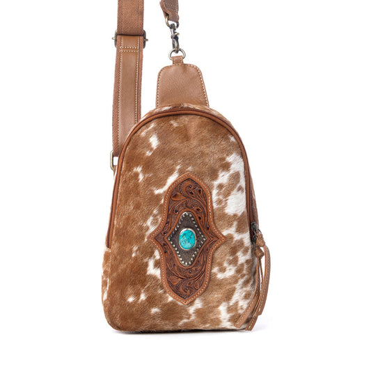 Myra Horizon Vale Handtooled Hairon Leather Fanny Pack in Warm Caramel