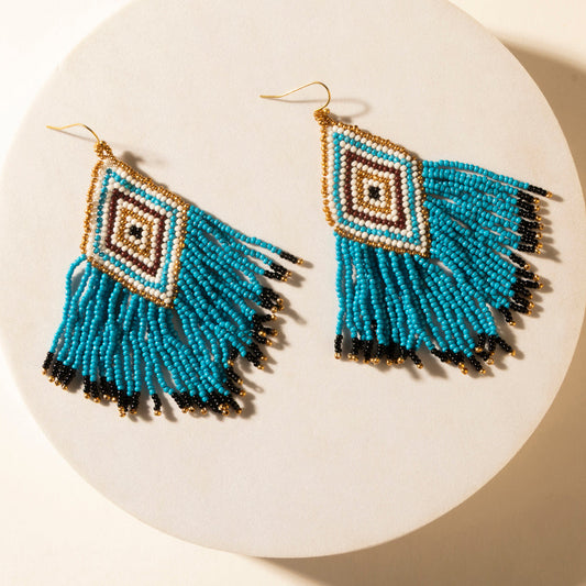 Myra Bluebonnet Range Beaded Fringe Earrings in Halo Blue