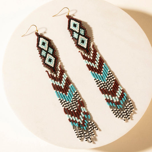 Myra High Ranger Beaded Fringe Earrings in Saddle Blue