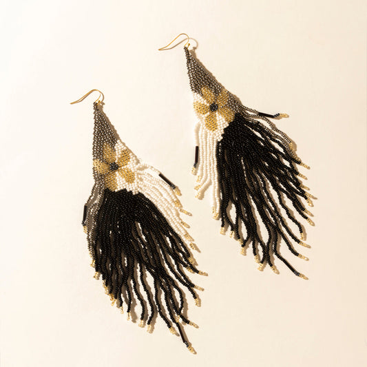 Myra Moonlit Sage Beaded Fringe Earrings in Midnight Coal