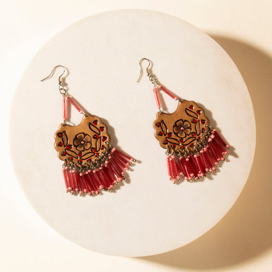Myra Handtooled Carnival Bloom Fringe Earrings in Ember Pink
