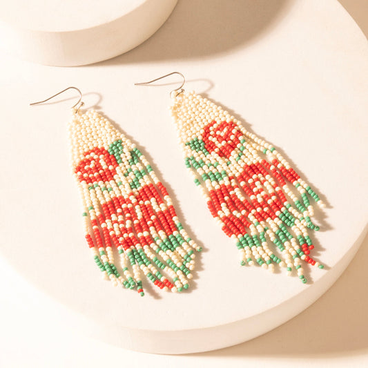 Myra Rose Garden Beaded Fringe Earrings in Cream Ivory