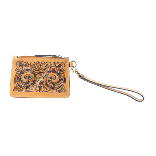 Myra Sierra Scroll Handtooled Card Holder in Bronco Umber