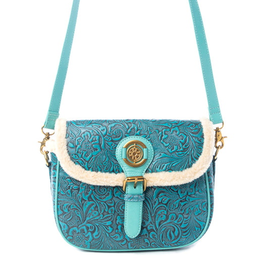 Myra Turquesa Rose Embossed Leather Crossbody Bag with Fur Accent in Cactus Bloom