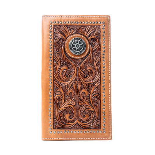 Myra Sheriffâ€™s Crest Handtooled Leather Wallet for Men in Bronco Brown