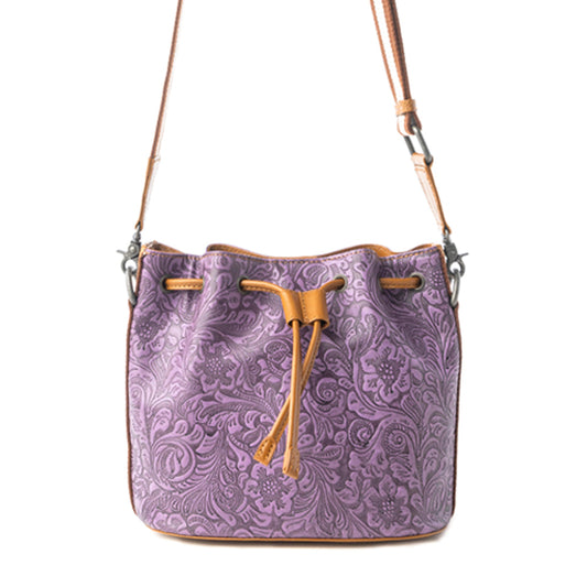 Myra Amara Bloom Embossed Leather Bucket Bag in Mystic Lilac
