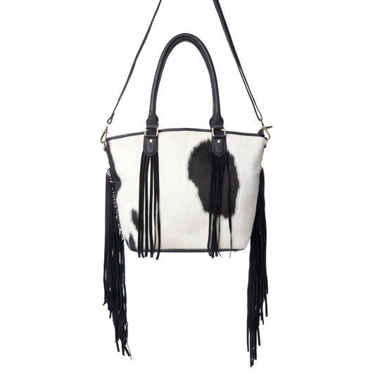 Myra High Plains Hairon Leather Concealed Fringe Carry Bag in Ebony Bone
