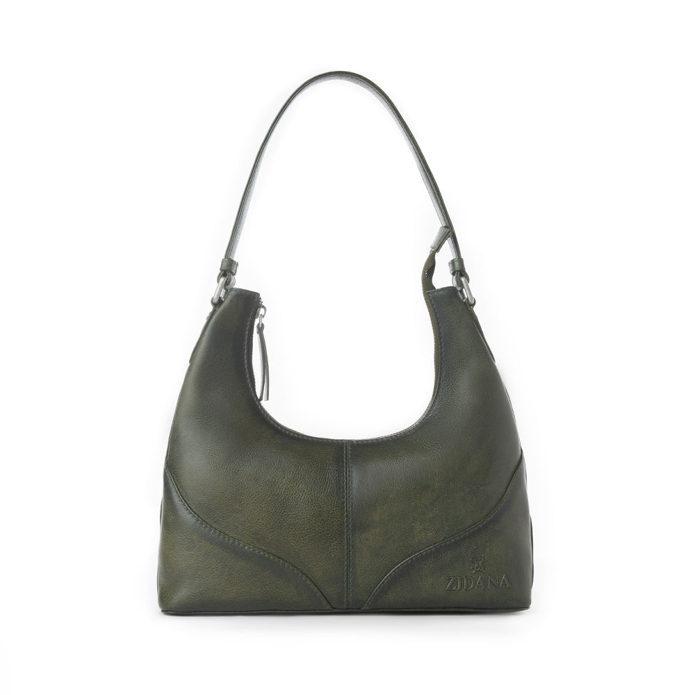 Myra Zidana Winchester Loop Veg Tanned Leather Shoulder Bag in Midnight Olive