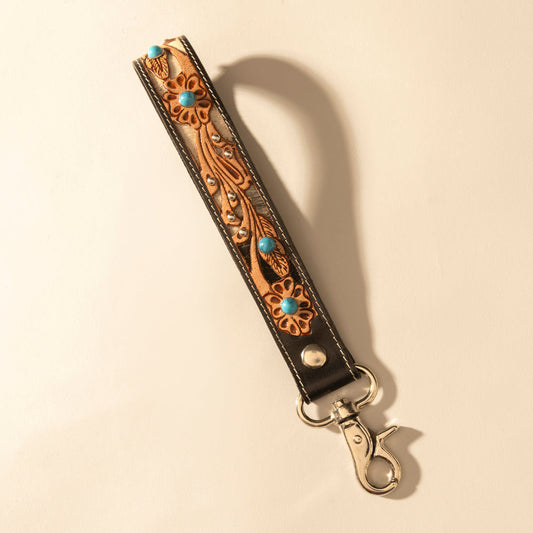 Myra River Glen Handtooled Hairon Leather Key Fob in Espresso Turquoise