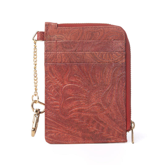 Myra Summer Grove Embossed Leather Credit Card Holder in Burnt Crimson