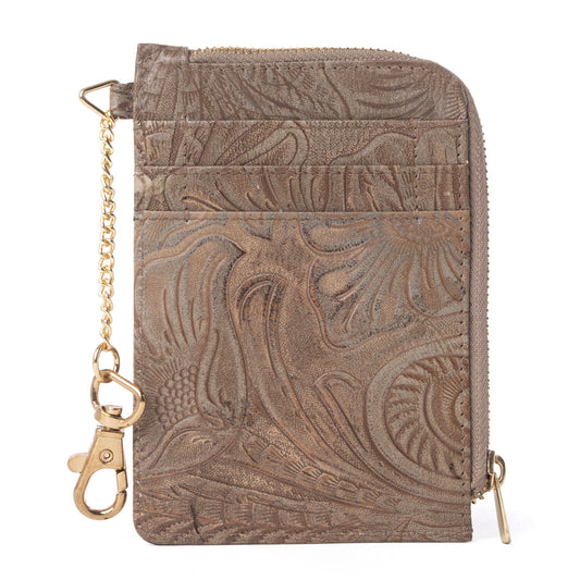Myra Summer Grove Embossed Leather Credit Card Holder in Desert Taupe