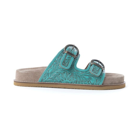 Myra Bluebell Ranch Handtooled Leather Sandals in Alpine Teal