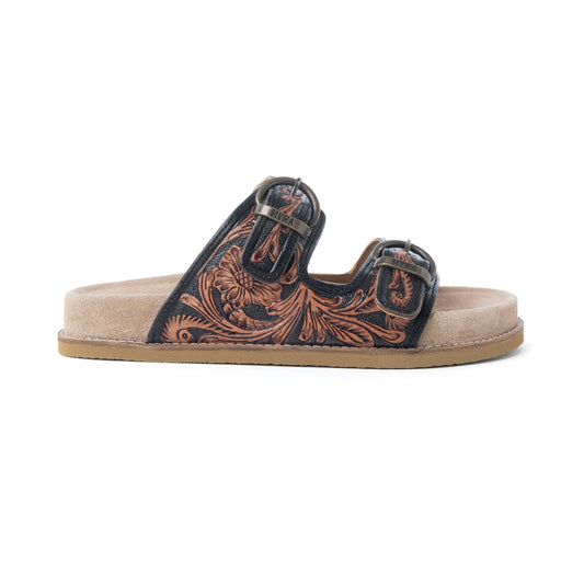 Myra Canyon Ember Handtooled Leather Sandals in Bronzed Brown