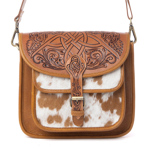 Myra Cedar Range Handtooled Hairon Buckle Leather Bag in Chestnut Ivory