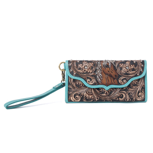 Myra Sunfire Valley Handtooled Hairon Leather Women’s Wallet in Turquoise Pearl