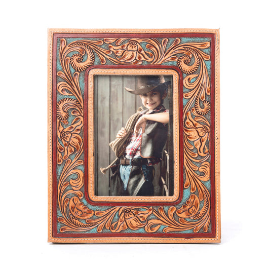 Myra Magnolia Rise Handtooled Leather Photo Frame in Deep Mahogany