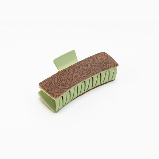 Myra Pinebrook Embossed Leather Hair Clip in Cedar Green