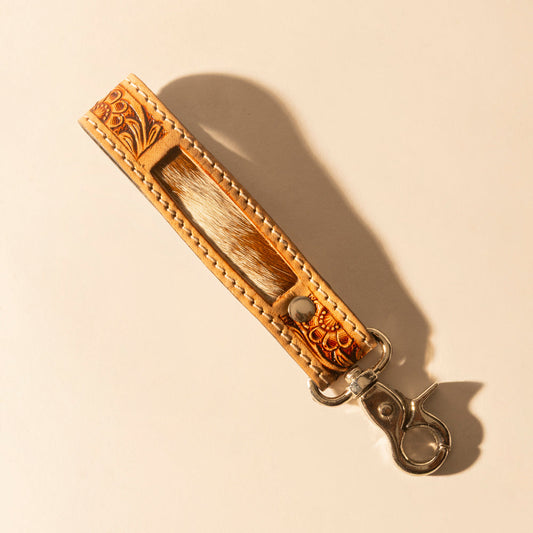 Myra Hide Inlay Western Key Fob in creme with floral detail