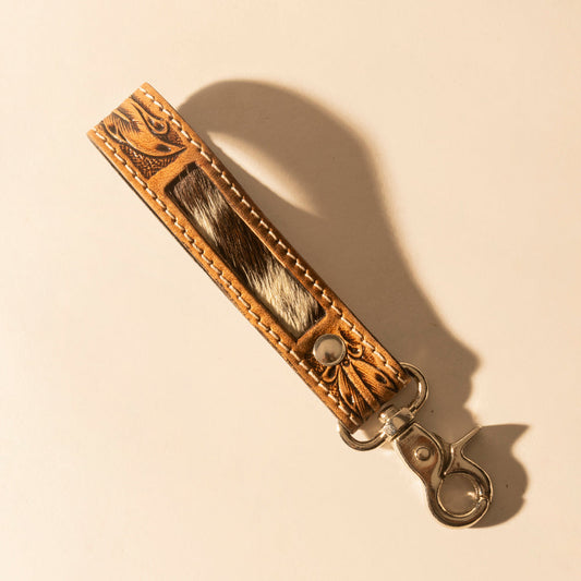 Myra Hide Inlay Western Key Fob in tan with hairon detail