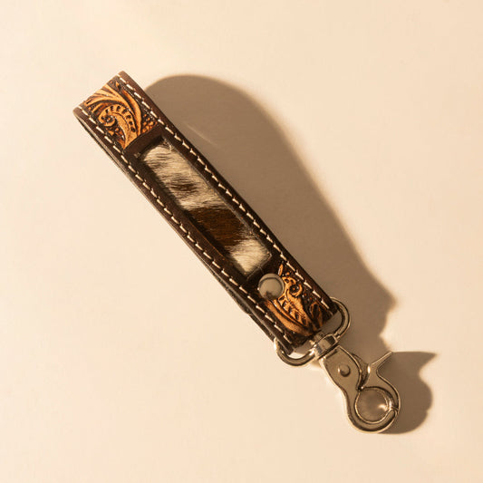 Myra Hide Inlay Western Key Fob in dark brown with hairon detail