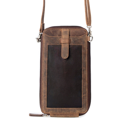 Myra Wildtouch Western Phone Crossbody in dark brown with leather detail