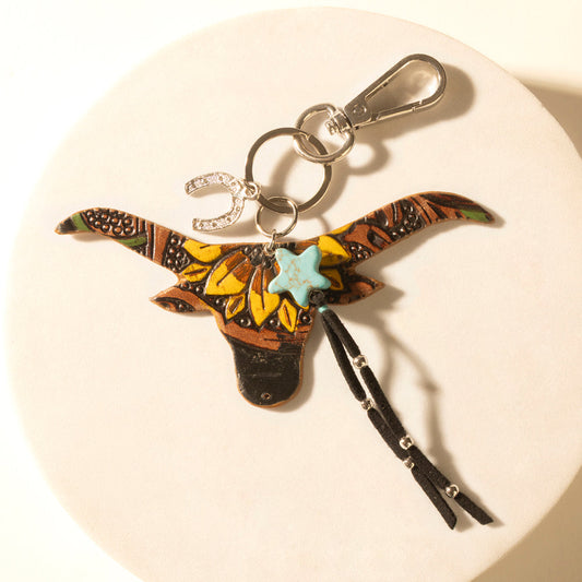 Myra Nightfall Cove Bull Handtooled Leather Key Fob in Onyx Turquoise